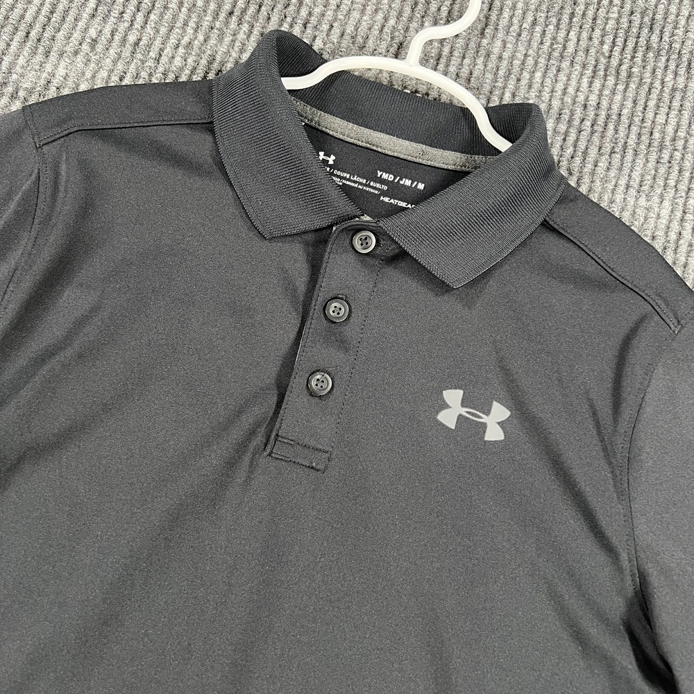 Under Armour Polo Shirt Boys Medium Black‎ Short Sleeve Loose Fit Heat Gear